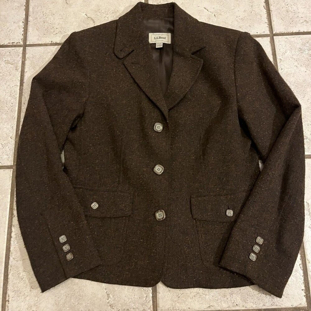 LL Bean Shetland Wool Herringbone Blazer Tweed Jacket Lined Womens Small Brown